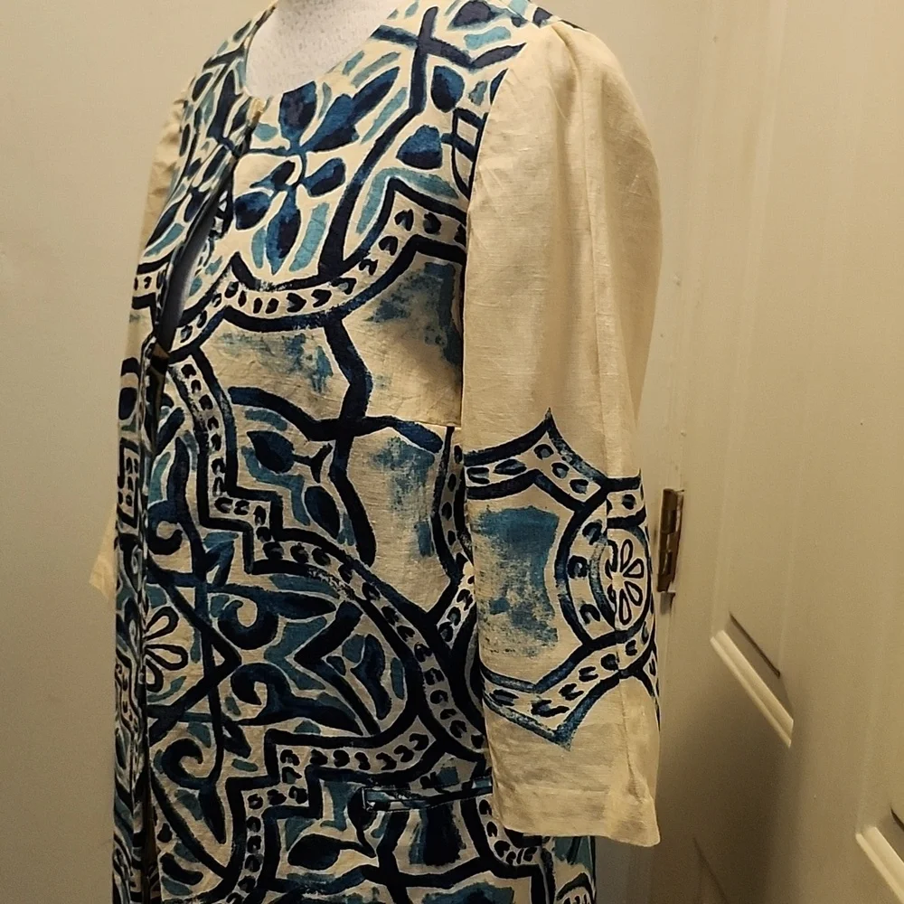 Chico’s Artisan Printed Linen Duster Batik Jacket 1 Medium